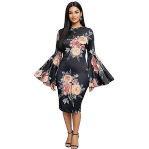 Floral‎ Bodycon Dress With Bell Sleeves High Neck Womens Size Small Flattering